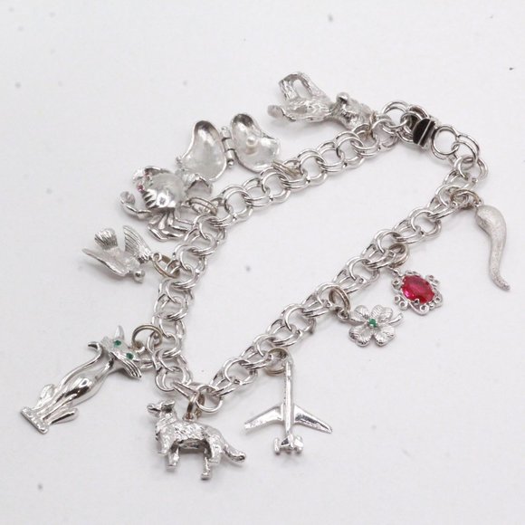 Sterling Silver Heavy 34GPink Synthetic Spinel Topaz Multi Charms Bracelet - Picture 1 of 13